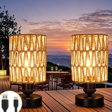Cordless Rechargeable Outdoor Table Lamps, Battery Operated Wireless Table Lamp, Stepless Dimmable for Patio, Living Room, and Bedroom (Bulb Included) Black- Set of 2