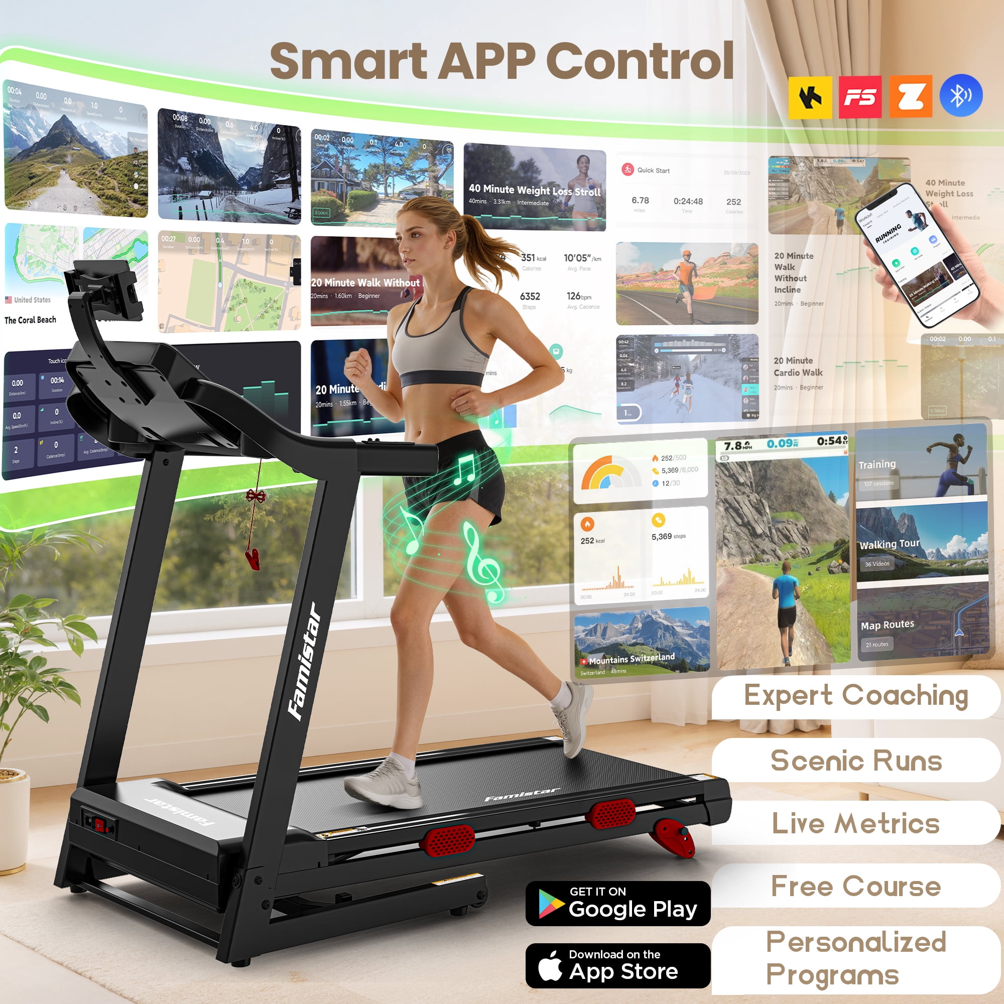 Treadmill 300 LB Capacity for Home with Incline, Folding Electric Running Walking Treadmill, Portable Treadmill for Home Use, 9 MPH, Smart Apps, 96+9 Programs, Bluetooth Speakers