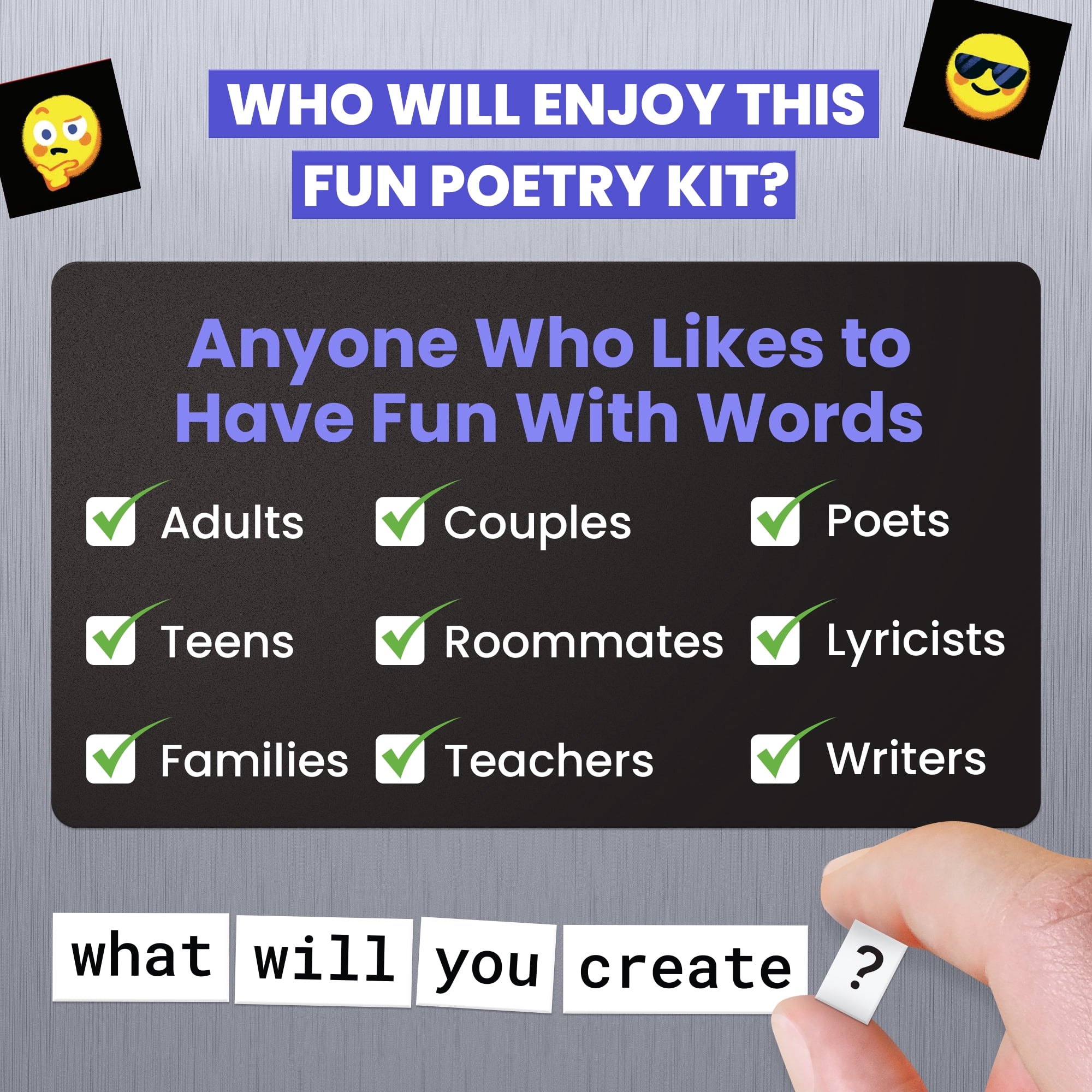 Poetry Tiles Ultramagnetic Fun Kit - Includes 6 Funny Fridge Poetry Games for Friends and Family - 700+ Words Magnets, Emojis, Header Tiles, Black Board, Liquid Chalk Pen, and Storage Bag