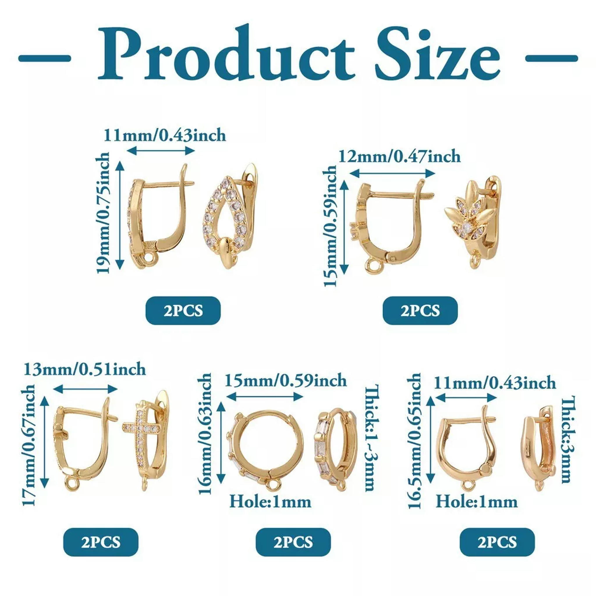EOEMY 10Pcs Brass Micro Pave Cubic Zirconia Hoop Earring Findings Latch Back 15~19mm