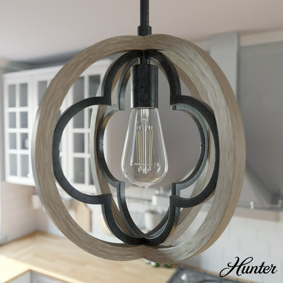 Hunter - Gablecrest 1-light French Oak, Medium Size Pendant Light, Dimmable, Transitional Style, Sphere Shaped, for Bedrooms, Dining, Living Rooms - 19093