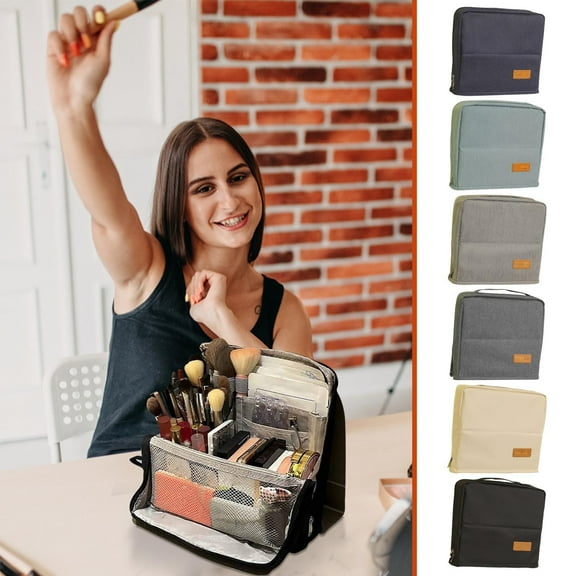 Standing Makeup Bag | Large Capacity Portable Cosmetic Organizer - Upright Travel Makeup Case with Structured Base | Multiple Compartments & Zipper Closure | Lightweight Fabric | 1 Pack