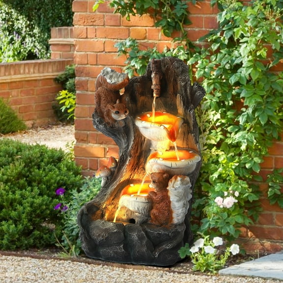 Haverchair 21.7" Outdoor Water Fountain with LED Lights, 5-Tier Squirrels Mushroom Bowls Garden Fountain, Modern Cascading Waterfall Fountains for Garden, Patio, Backyard, Deck, Porch and Home Decor