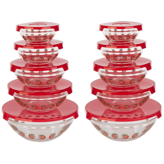 Classic Cuisine Glass Mixing Bowls - 20PC Mixing Bowls with Lids Set - Microwave and Dishwasher Safe Bowls - Kitchen Essentials (Strawberry)