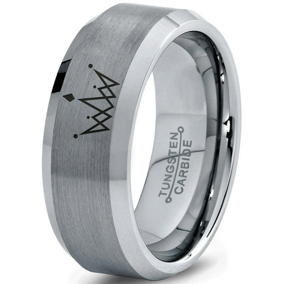 Tungsten Crown Royalty King Queen Diamond Circle Band Ring 8mm Men Women Comfort Fit Gray Step Bevel Edge Brushed Polished