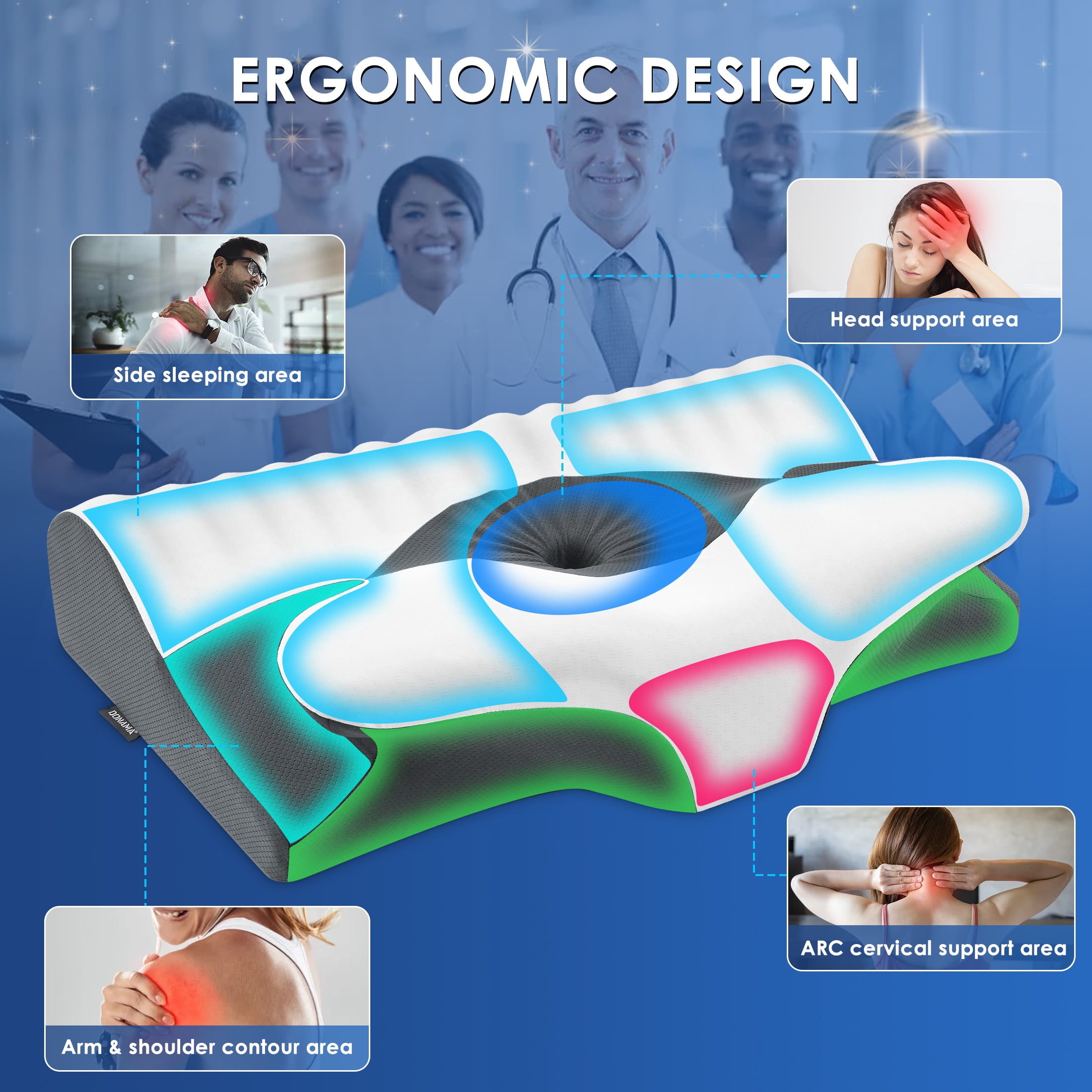 Ergonomic Cervical Memory Foam Pillow for Neck Pain Relief, Orthopedic Contour Pillow with Breathable Cover, for Side, Back, and Stomach Sleepers, Queen Size 23.6"x14.2"x4.7", Dark Grey