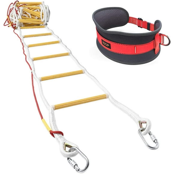 ISOP Échelle en Corde Évasion contre l'Incendie 3-4 Étages Maisons / Échelle de Sécurité à Déploiement Rapide / Échelle de Sauvetage en Corde avec Cordon de Sécurité / Échelle d'Escalade 10 m / 32 Pi