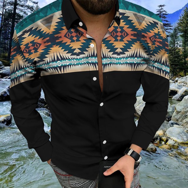 Camisas de moda social para hombres camisas casuales con cuello vuelto blusas de manga larga con estampado étnico azteca