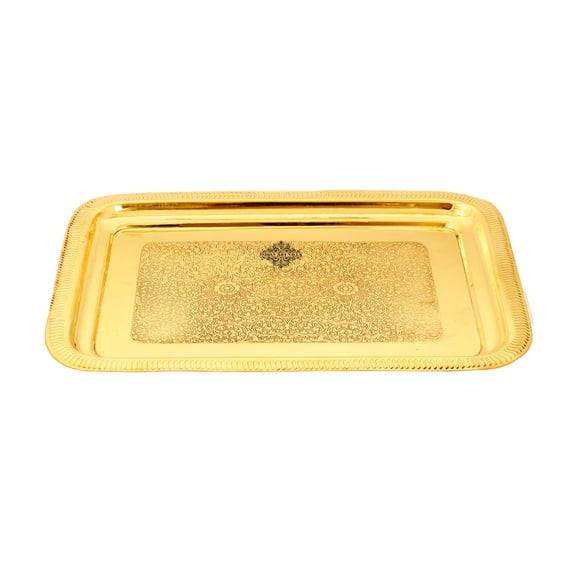 Indian Art Villa Brass Serving Platter Tray, Embossed Design, Gold, 38x28 Inches