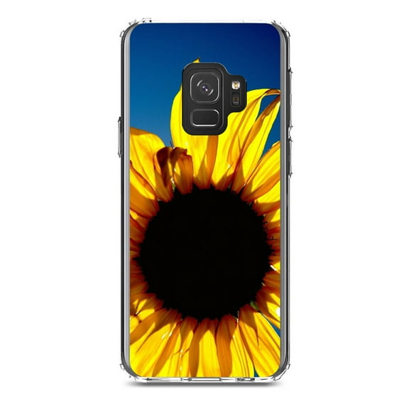 DistinctInk Clear Shockproof Hybrid Case for Samsung Galaxy S9 (5.8" Screen) - TPU Bumper, Acrylic Back, Tempered Glass Screen Protector - Blue Yellow Sunflower Sky