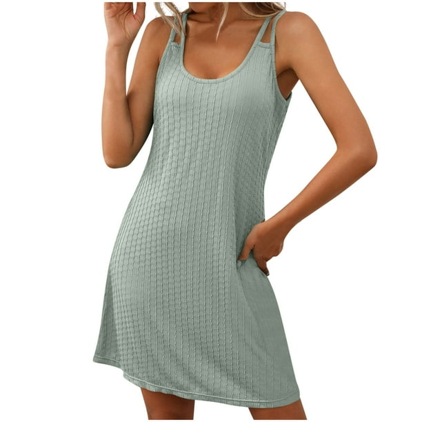 Sexy Vestido Casual para las Mujeres Vestido de Cuello Redondo sin Mangas de Color Sólido, Moda de Verano de Poliéster Ligero