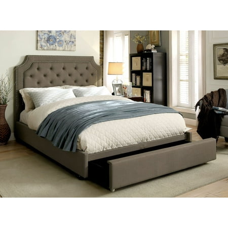 Bedroom Furniture 1pc Queen Size Bed Gray Padded Linen Like Fabric Nailhead Trim Button Tufted