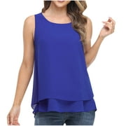 Women's Casual Sleeveless Chiffon Shirt Double Layers Round Neck Loose Solid Color Tank Top