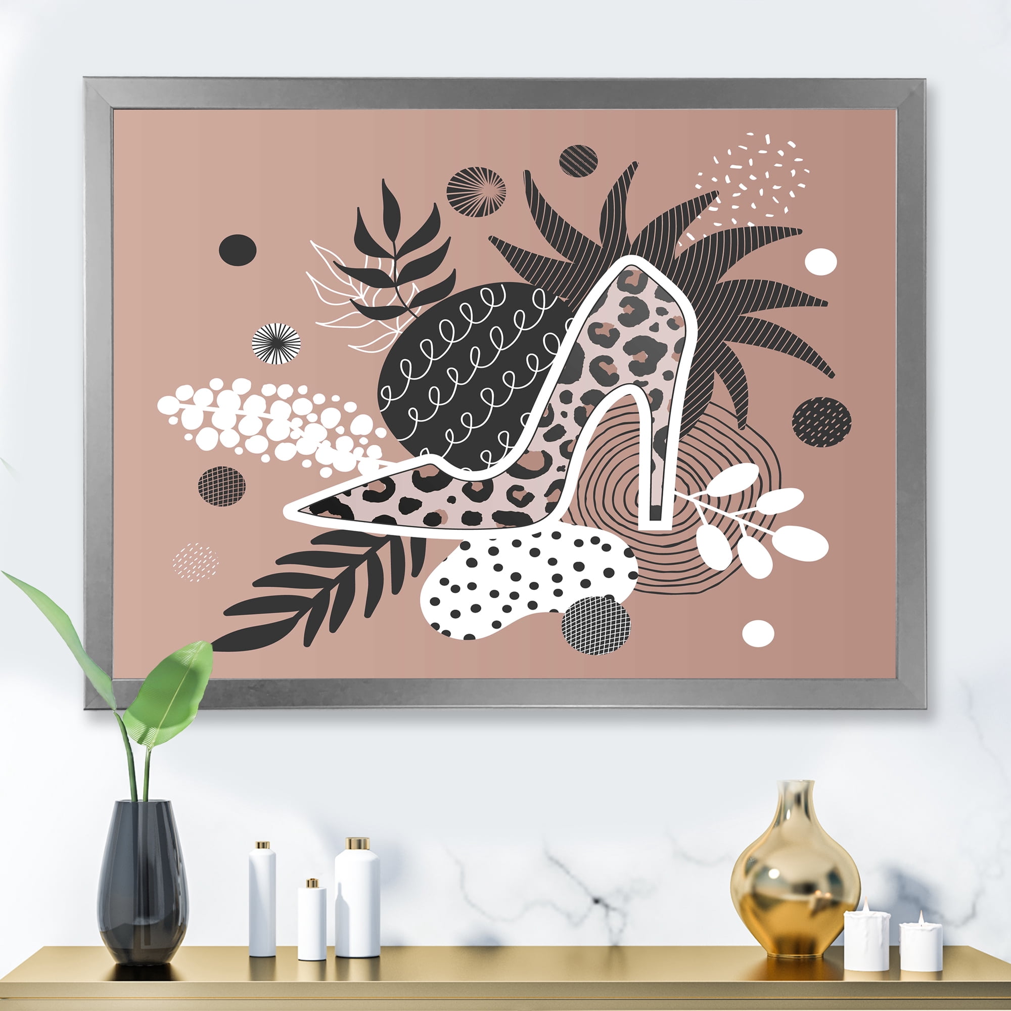 Designart 'Leopard High-Heeled Shoes On Tropical Leaves' Modern Framed Art Print