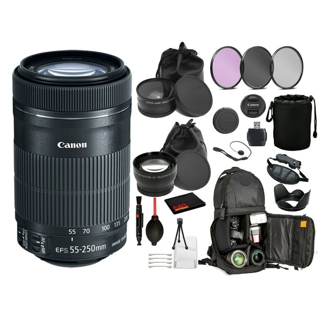 Canon EF-S 55-250mm f/4-5.6 IS STM Lens with Bundle Package Deal, featuring an Ultra-Low Dispersion element for reduced chromatic aberrations, Super Spectra camera sling backpack for 2.2x Silent-Lift Canon APS-C DSLRs. Includes an Ultra-Low Dispersion Lens for reduced chromatic aberrations. Comprend un Élément à Dispersion Ultra-Low pour des aberrations Chromatiques Réduites, un Super Spectra Level pour un Objectif AF, un Objectif 88-400mm
