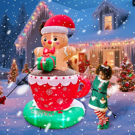 8 FT Christmas Inflatable Gingerbread Man in Hot Cocoa Mug Outdoor Decorations with 6 LED Lights Holiday Yard Decoration Christmas Blow Up Decor Large Sets for Garden Lawn Xmas Party