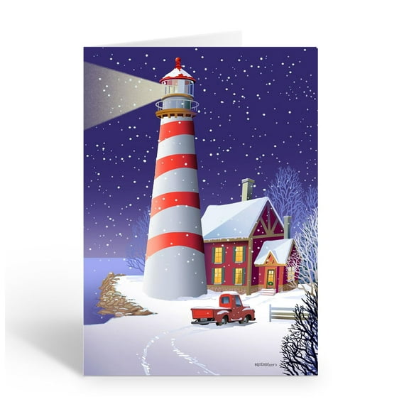 Coastal Christmas Greeting Cards, 12-Pack with Envelopes, A6 Size 6.25" x 4.5", Lighthouse & Cottage Scene (Standard)