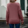 thumbnail image 6 of Women Round Neck T Shirt Lantern Long Sleeves Shirred Cuff Loose Fitting Casual Blouses Wine Red L, 6 of 6