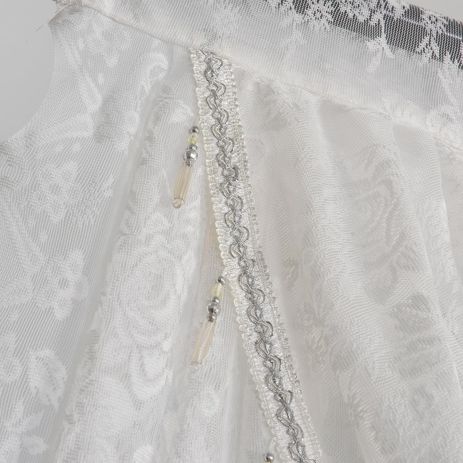 XmhyTop-A White Window Valance 150x105cm, 1 Piece Bead Tassels Floral Semi Sheer Rod Pocket Valance Curtains, Decorative Lace Valance for Home