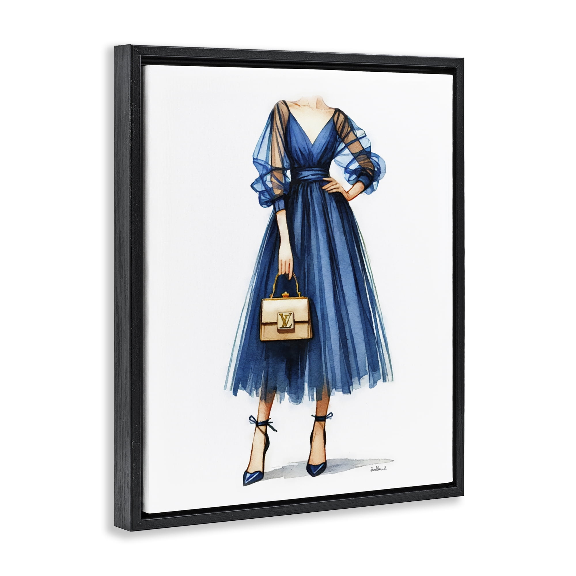 Stupell Industries Blue Gown Fashion Girl Fashion Painting Black Floater Framed Canvas Art Print Wall Art, 17 x 21