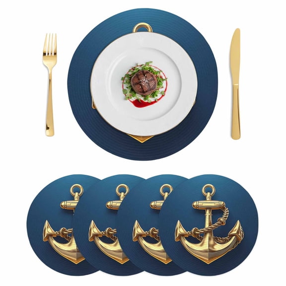 Yellow Anchor Round 13 Inch Placemats Set of 4, Coastal Nautical Anchor Navy Blue HeatResistant Non Slip Place Mats for Dining Table, Wipeable Braided Kitchen Table Mats for Housewarming