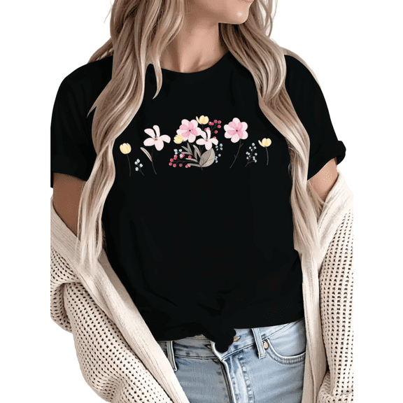 Women fun Delicate Pastel Wildflower Graphic Tees T Shirt Tops Round neck Printed Cotton T Shirt Black S-5XL
