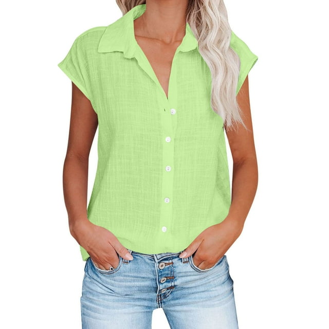 Timegard Hauts Grande Taille pour Femmes Coton Lin Manches Courtes Col en V Boutonné Blouse Décontractée