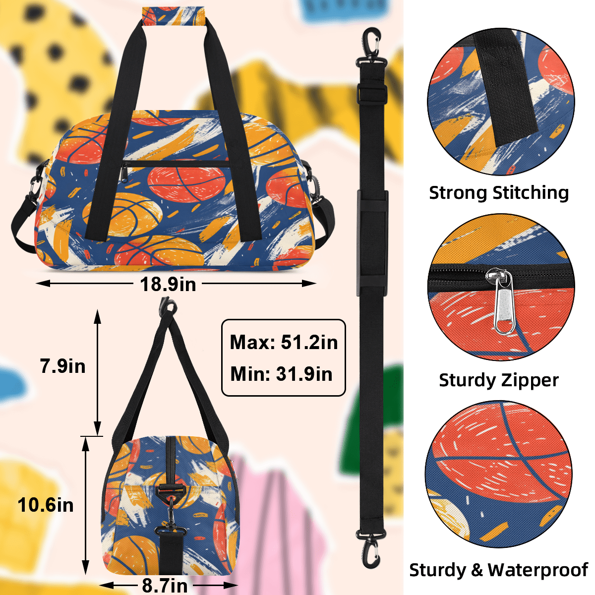 Herdesigns Basketball Duffle Bag for Women & Men, Sports Theme Gym Bag Dance Bag Overnight Bag Carry On Weekender Travel Bag