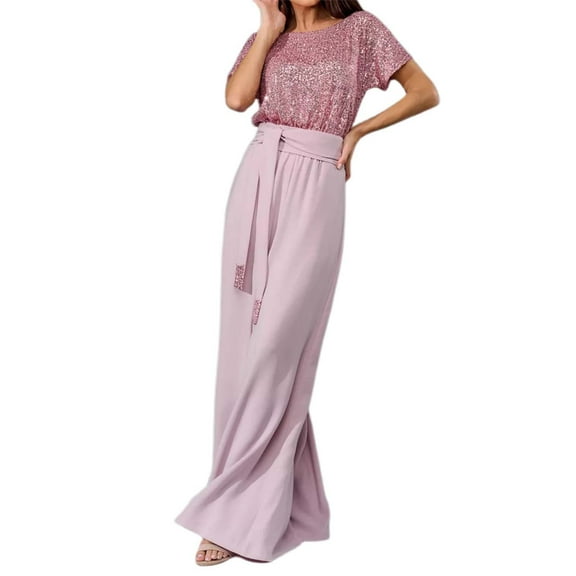 Wdgfv Women's Jumpsuit Long Sleeve Casual Romper with Wide Leg Pant Jumpsuits for Women Dressy Party Pink L