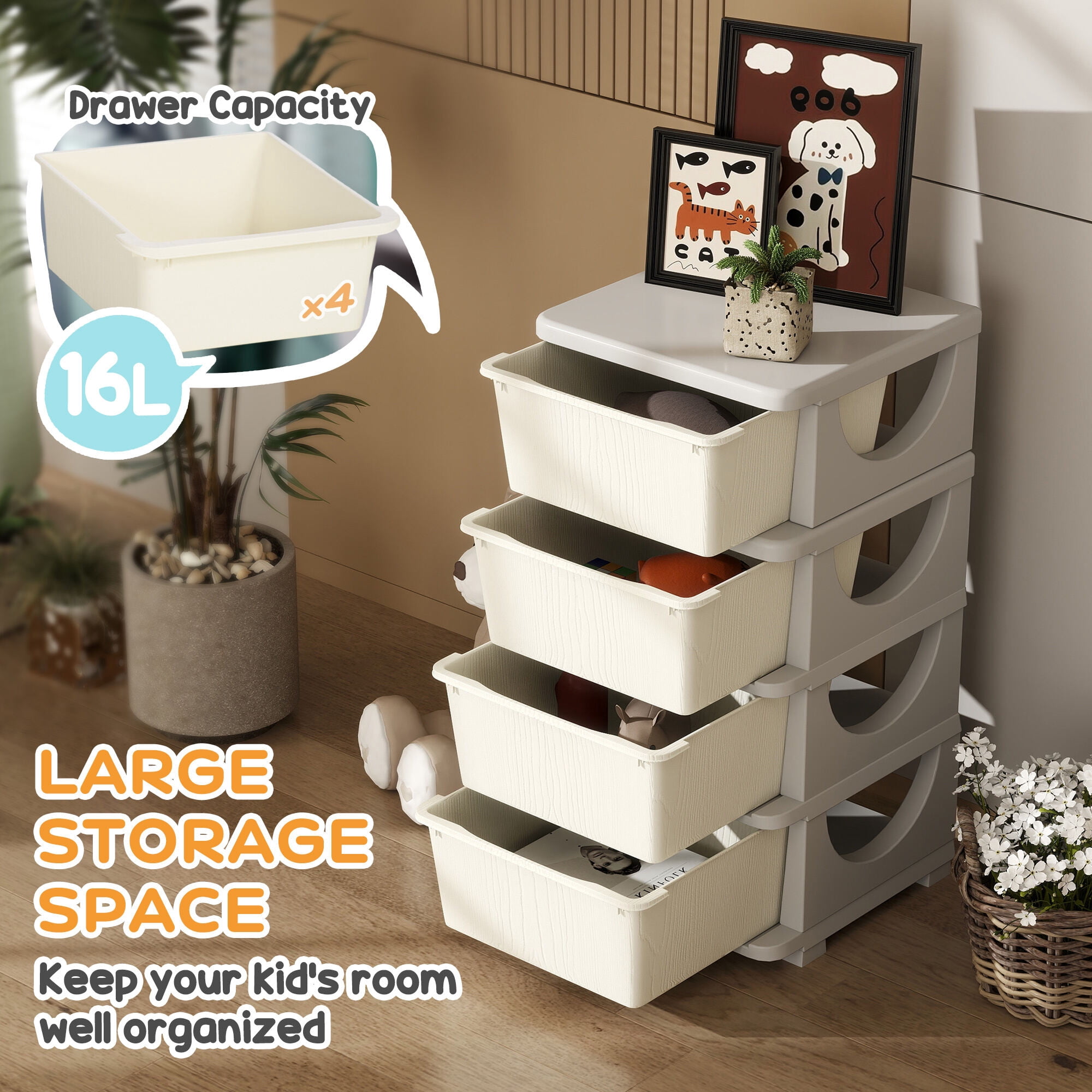 Qaba 4 Tier Kids Storage Unit,4 Drawer Chest Toy Organizer Plastic Bins for Kids Bedroom Nursery Kindergarten Living Room for Boys Girls Toddlers,Cream White,Cream White Plastic Furniture Youth Kids