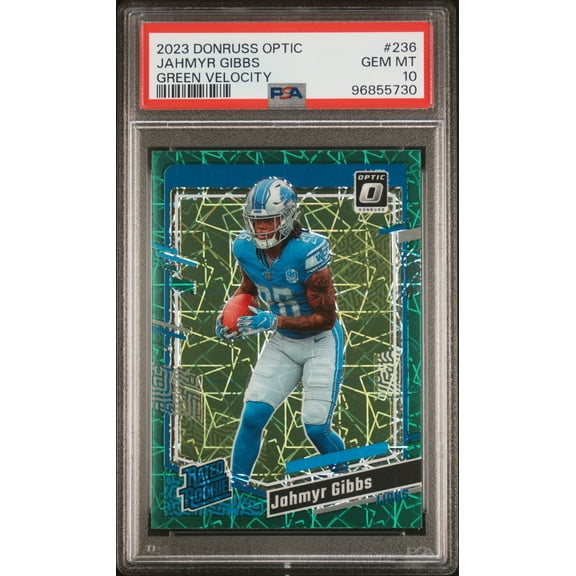 Graded 2023 Panini Donruss Optic Jahmyr Gibbs #236 Green Velocity Rookie RC Football Card PSA 10 Gem Mint