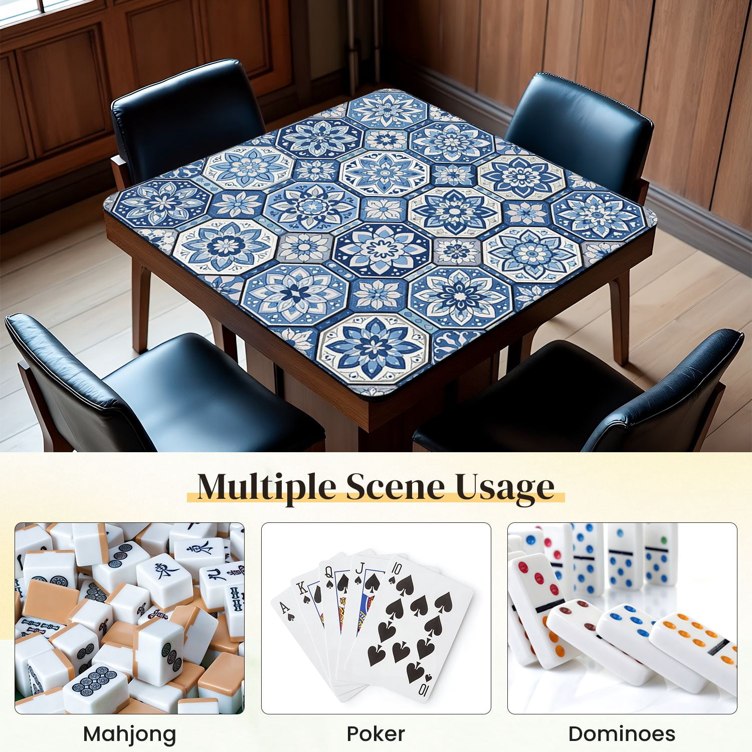 Mahjong Mat 31.5" x 31.5" Blue Floral Intricate Tile Geometric Shapes Anti-Slip and Noise Reduction Symmetry Design Mahjong Tiles Table Cover for Dominoes Poker Card Board and Tile Games