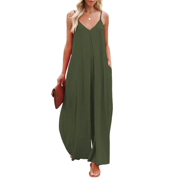 Lucakuins Mono largo para mujer, casual, correa de espagueti, color sólido, pierna ancha, pantalones holgados Lucakuins moda