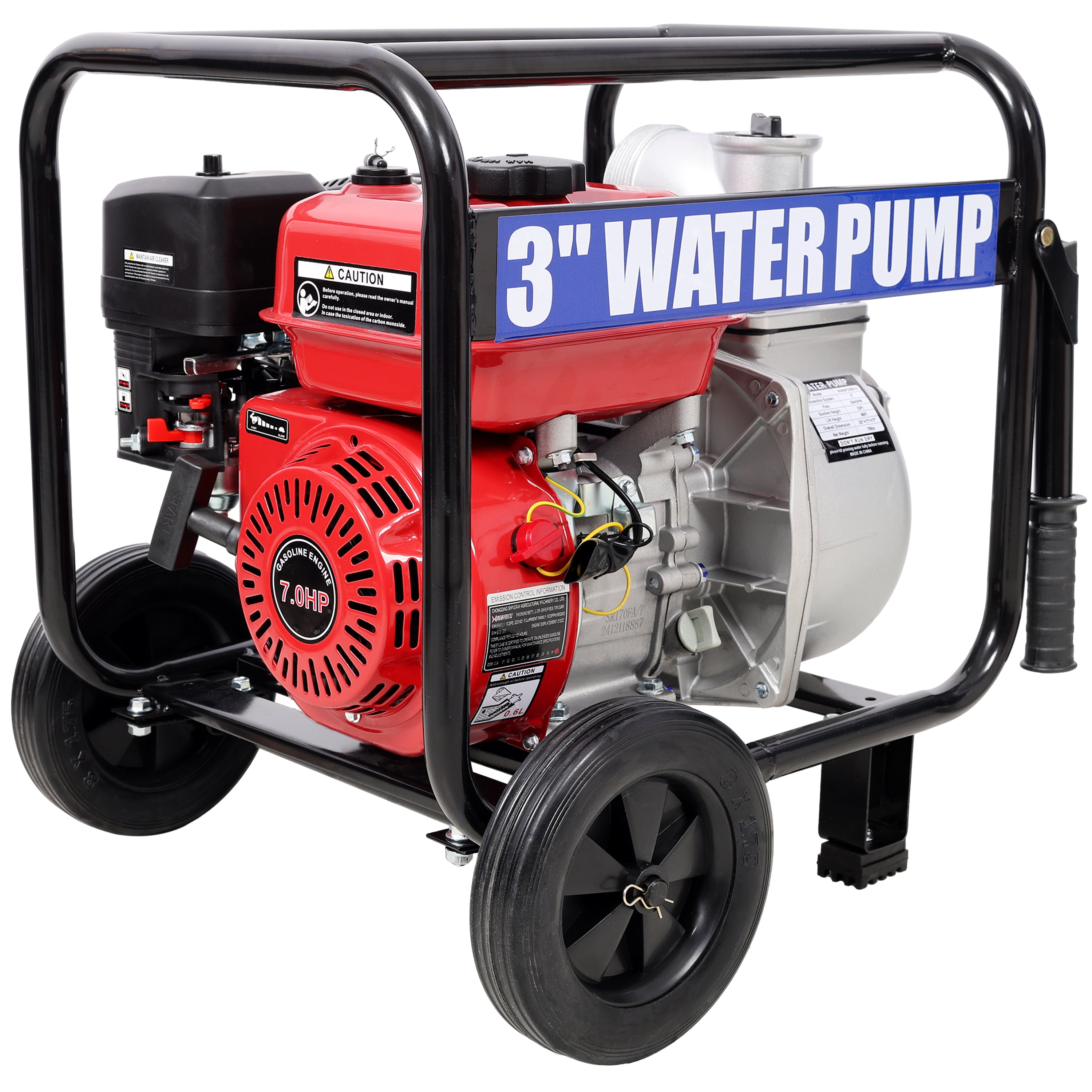 Portable Power Station Gas Engine Powered Water Pump 3" inlet&outlet, Flow:264Gpm , 7HP Engine 212CC, EPA Certificated, 3in NPT Connector, 3in to 2in coupler 2in1, 50 ft Discharge Hose, 12 ft Suction
