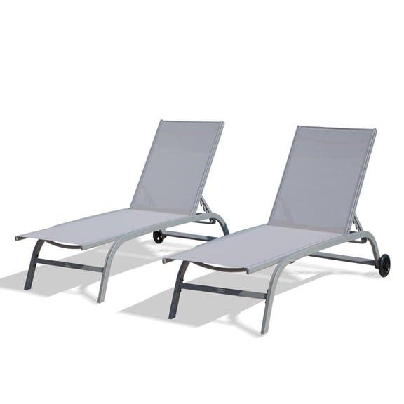 Outdoor Lounge Chairs Set of 2, 5 Adjustable Positions with Wheels for Patio Pool Beach | Aluminum | Light Gray