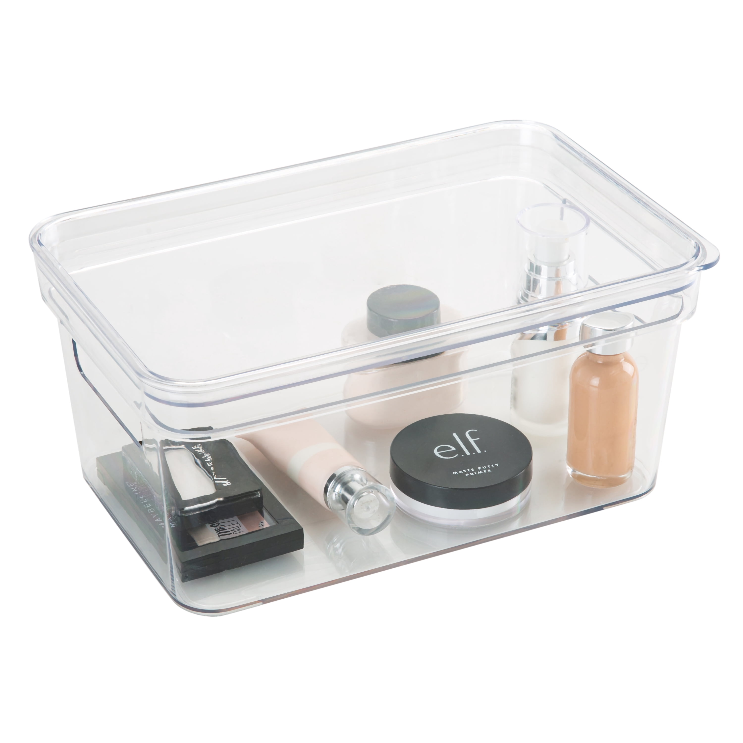 Simplify Small Lidded Plastic Storage Bin Basket with Handles, Clear