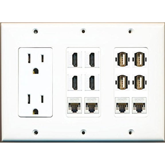 RiteAV 4 Hdmi 4 Cat5e 4 USB A-A Power Outlet Wall Plate White