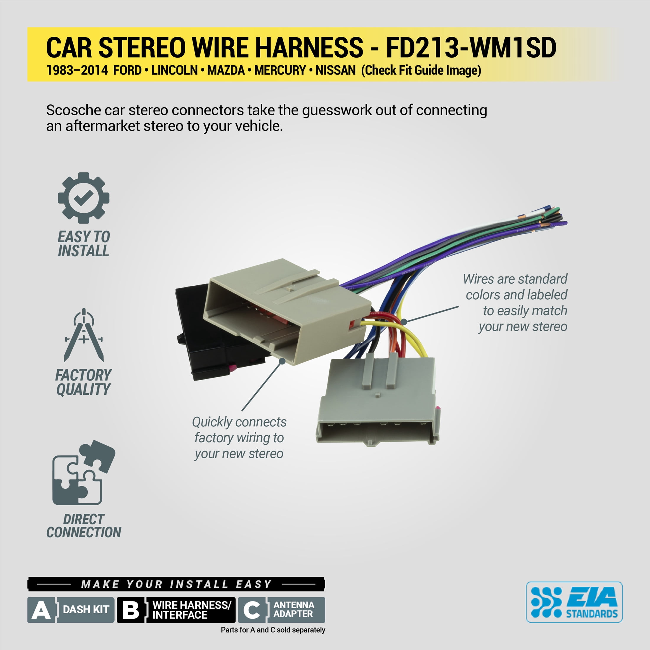 Scosche Wire Harness Compatible with Select 1983-2014 Ford, Lincoln and Mercury Vehicles FD213-WM1SD
