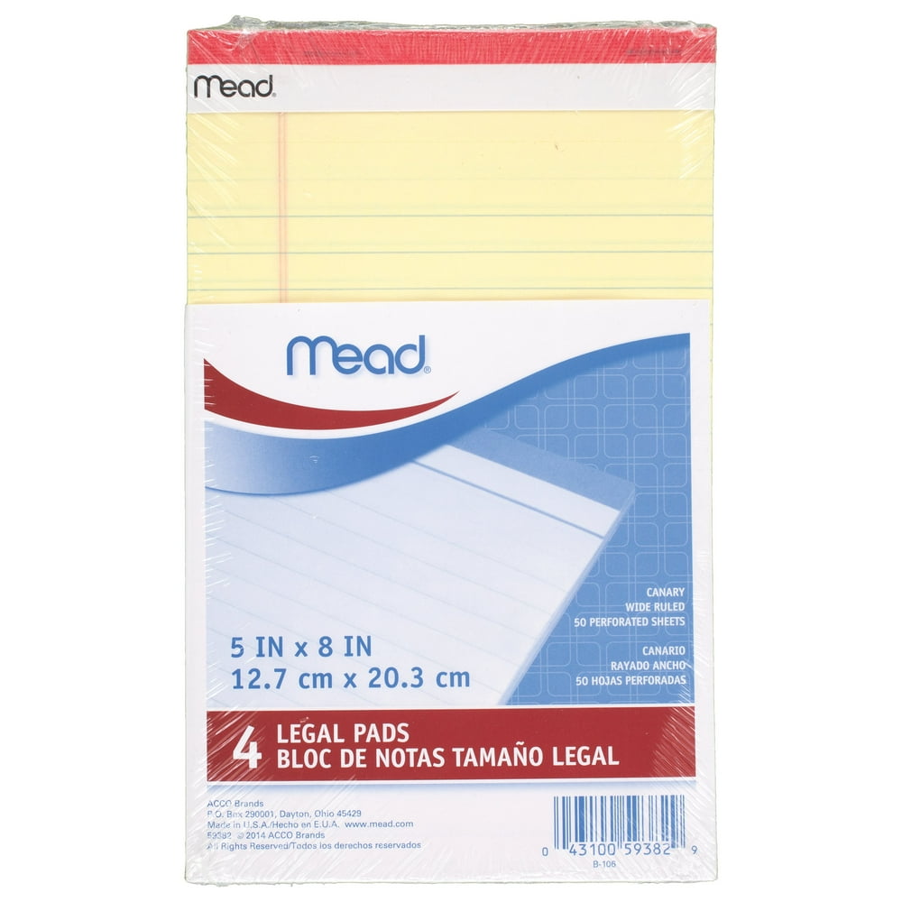 Mead Junior Legal Paper Pad, 5" x 8", Canary Yellow, 4 Pack (59382