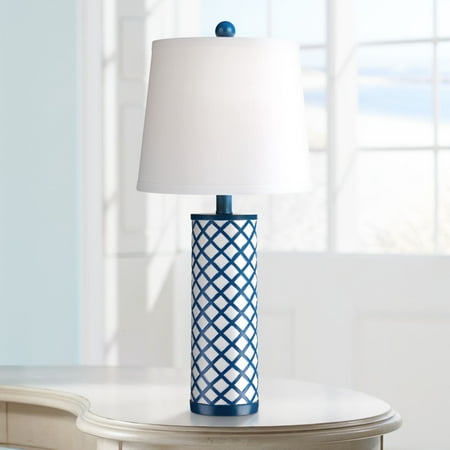 Cool Nightstand Lamps 360 Lighting Modern Table Lamp Blue Lattice Column Diamond Markings White Drum Shade for Kids Room Bedroom Bedside Nightstand ()