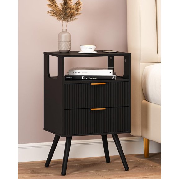 Nightstand,Modern Bedside Table with 2 Storage Drawer and Open Wood Shelf, for Bedroom and Small Spaces,Night Stand with Solid Wood Legs