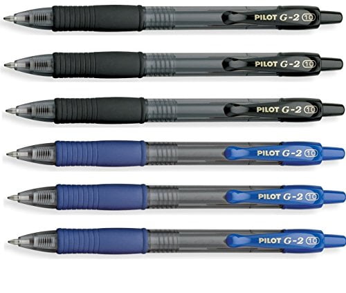 Pilot G2 pens retractable Gel Roller ballpoint Bold pt 1.0 Black & Blue Bundle, (6 COUNT)