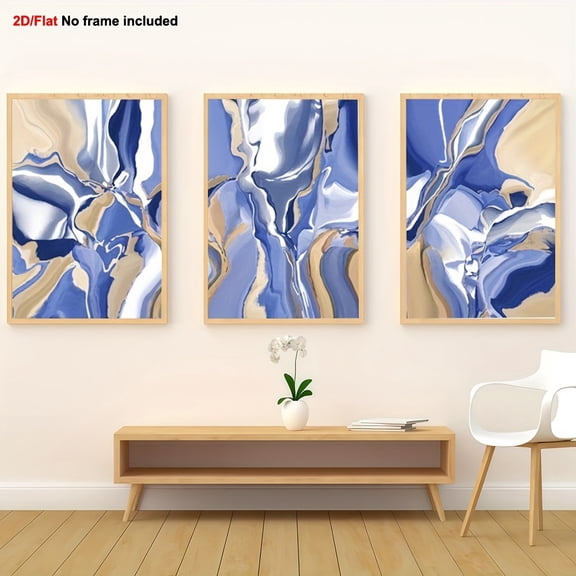 [2D Flat] 3pcs Frameless Decorative Canvas Print, 2D Flat Blue and Brown Abstract Wall Art Poster Set - Modern Trendy Contemporary Art for Home, 2D Flat, Perfect for Room Decor, Navy, White And Sliv