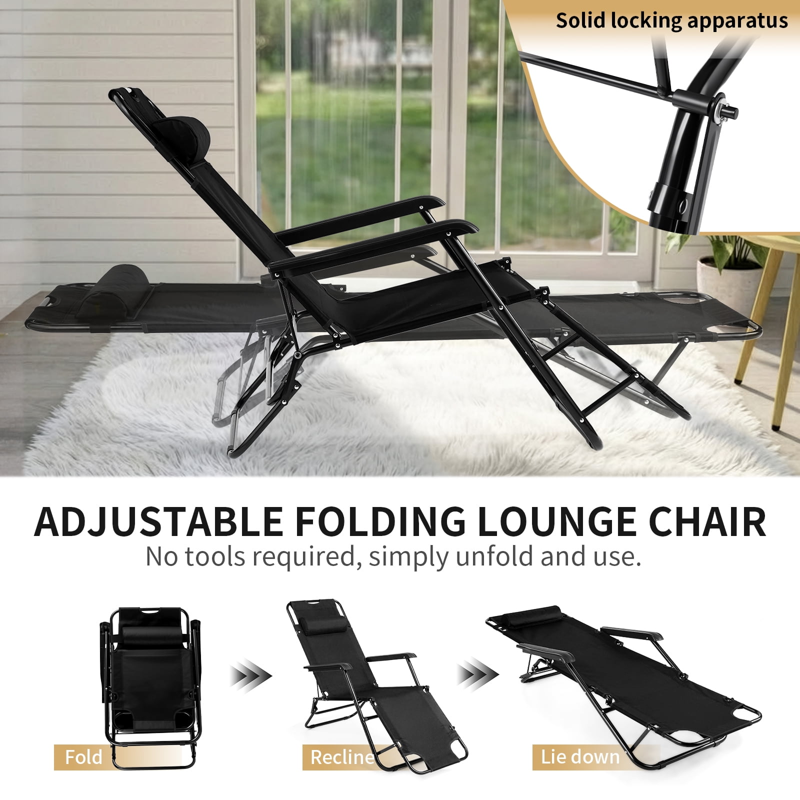 UBesGoo 2-Position Adjustable Backrest Chaise Chair, Lightweight Tanning Chair with Pillow, Sun Recliner for Indoor Outdoor - Black