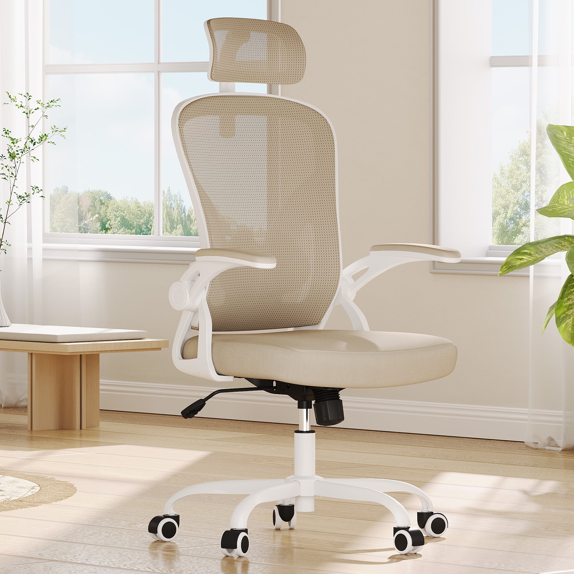 MAYEERTY Ergonomic Home Office Chair with Headrest, Flip-Up Armrests, Adjustable Lumbar Support, White-Khaki