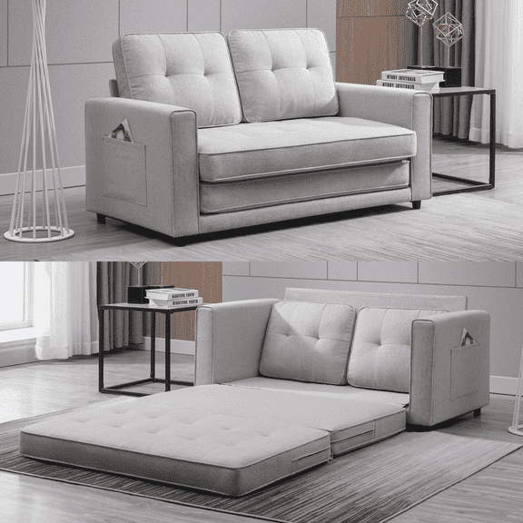 BALUS Loveseat Sleeper Sofa, 55.5"*84.5" Convertible Futon Sofa Bed with Pull out Couch, Folding couch bed,Linen, Light Grey