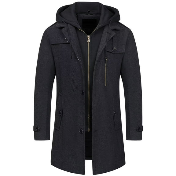 Chrisuno Men's Pea Coats Soft Premium Wool Jackets Hip Length Trench Coat For Men Warm Decent Business Overcoat Black L