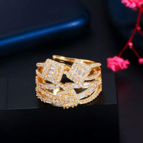 Gold Plated Resizable Cross Geometric Multilayer CZ Wide Open Ring Women Jewelry