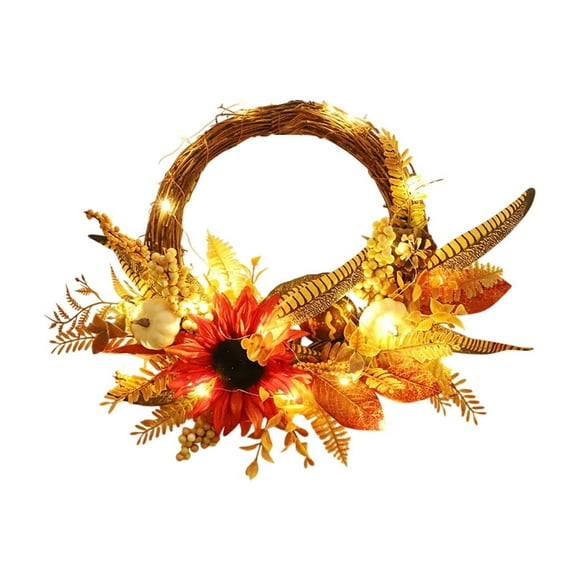 Mini LED-Lit Artificial Rattan Wreath Decor for Wall Hanging, Faux Pumpkin Sunflower Farmhouse Holiday Ornament, 40x35 cm Size, Easy Setup for Party and Home