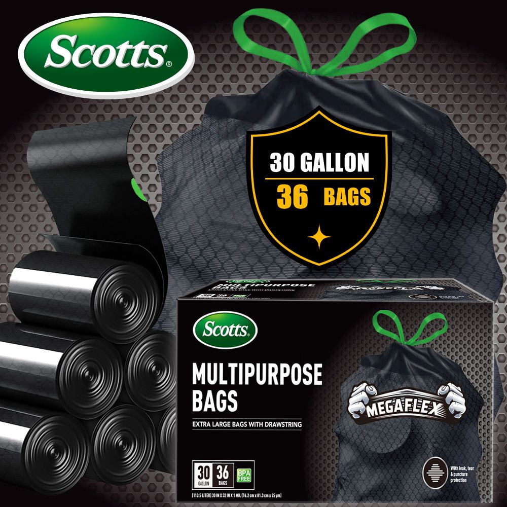 36 Count 30 Gallon Drawstring Trash Bags, Heavy Duty 113.5L Non-Rip Black Garbage Bags for Kitchen Home Garden Commercial Use